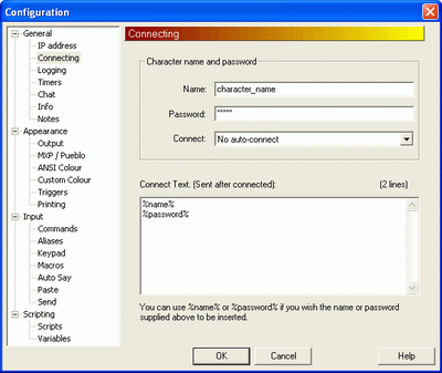 Configuring MushClient - Character name and password